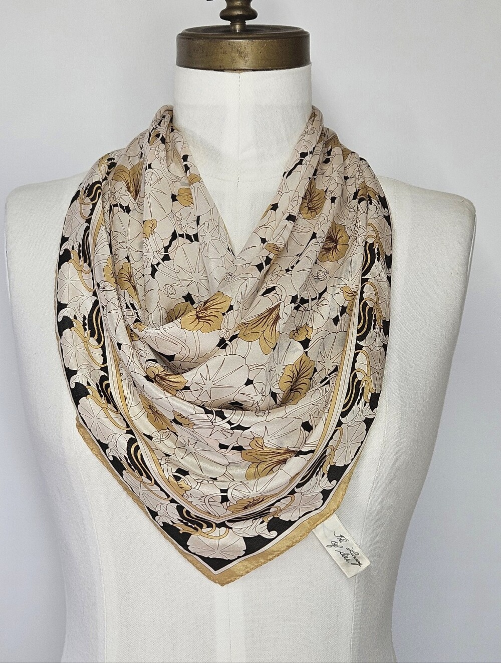 The Luxury of Silk 31x32" Vintage Scarf Floral Gold Tan MCM Morning Glory Japan